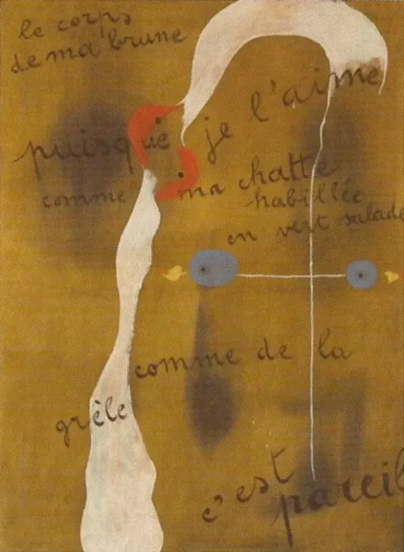 米羅作品〈繪詩〉 Joan Miro, Painting-Poem（"le corps de ma brune puisque je l'aime comme ma chatte habillée en vert salade comme de la grêle c'est pareil"）, oil on canvas, 130.2×96.5 cm, 1925 © Christie's